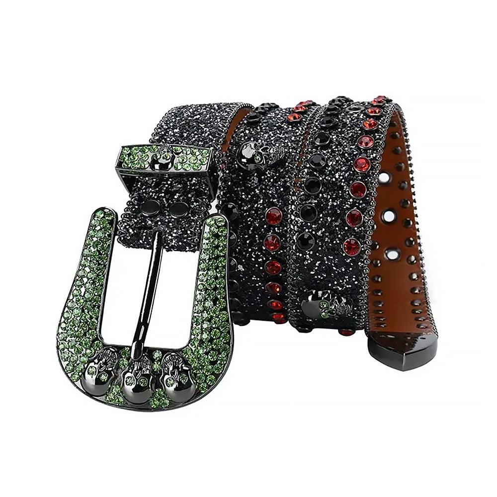 Skull Buckle Black Belt With Black & Red Shiny Stones