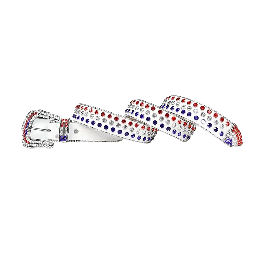 Plain White Strap With Shiny Multi Rhinestone Belt