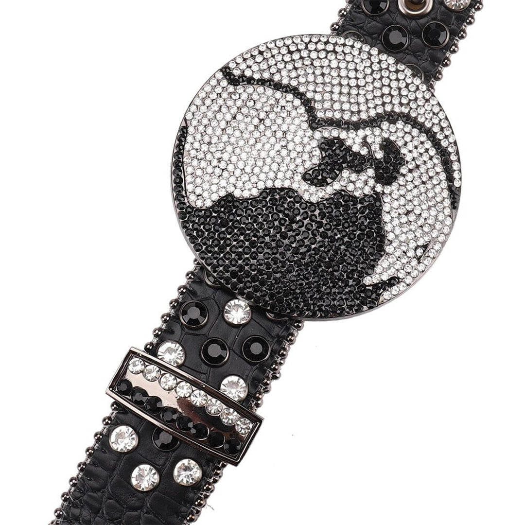 Black Strap Earth World Buckle Belt With Silver & Black Studded Rhinestone