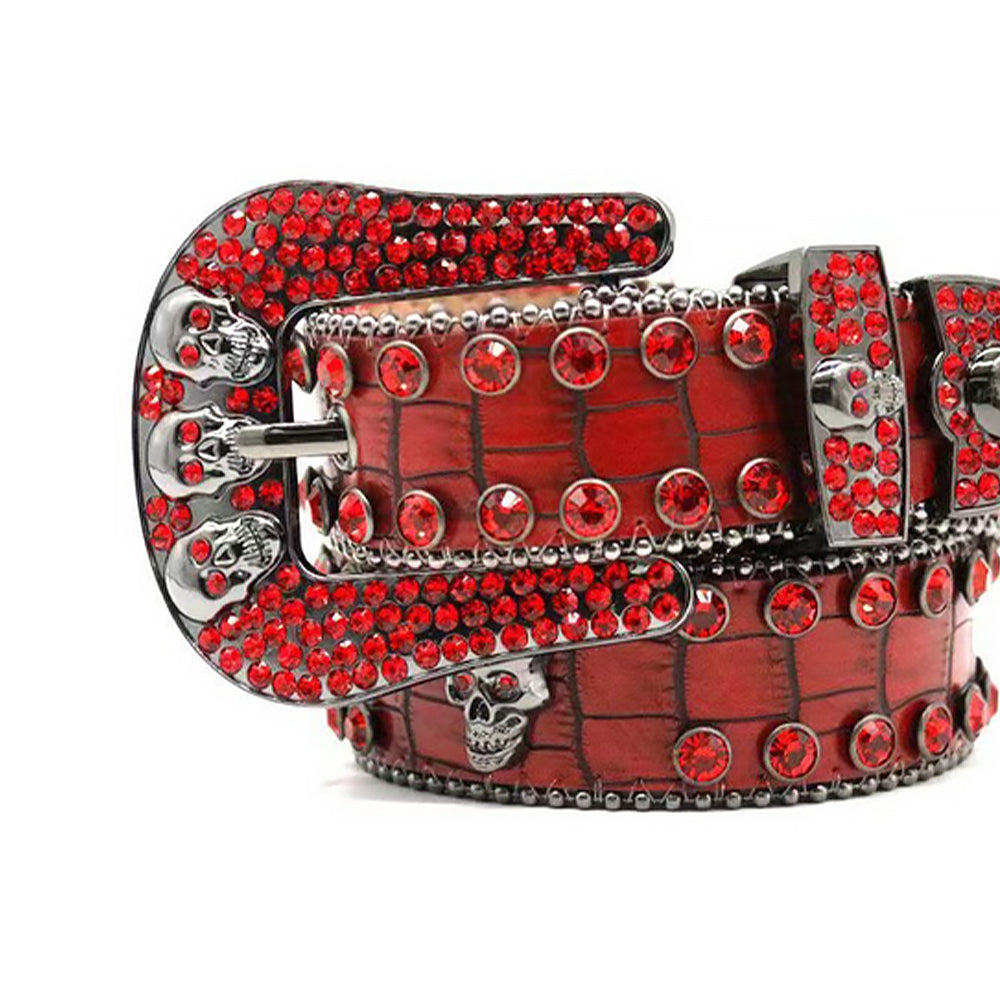 Skull Buckle Pattern Red Strap With Red Rhinestone Belt