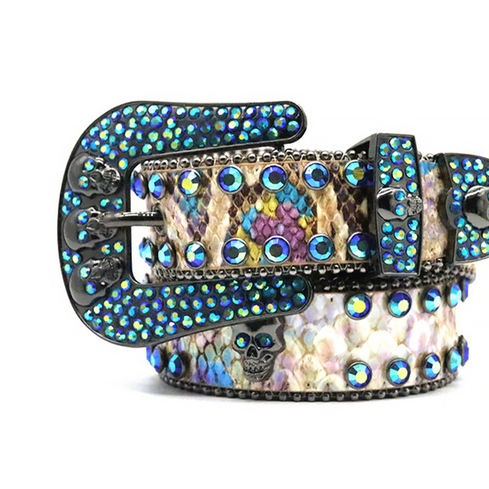Skull Buckle Multi Strap With Blue & Multi Rhinestone Belt