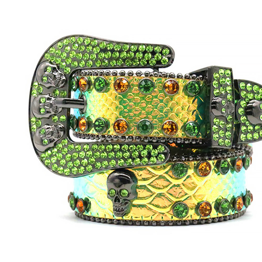 Skull Green Strap With Green & Gold Shiny Rhinestone Belt