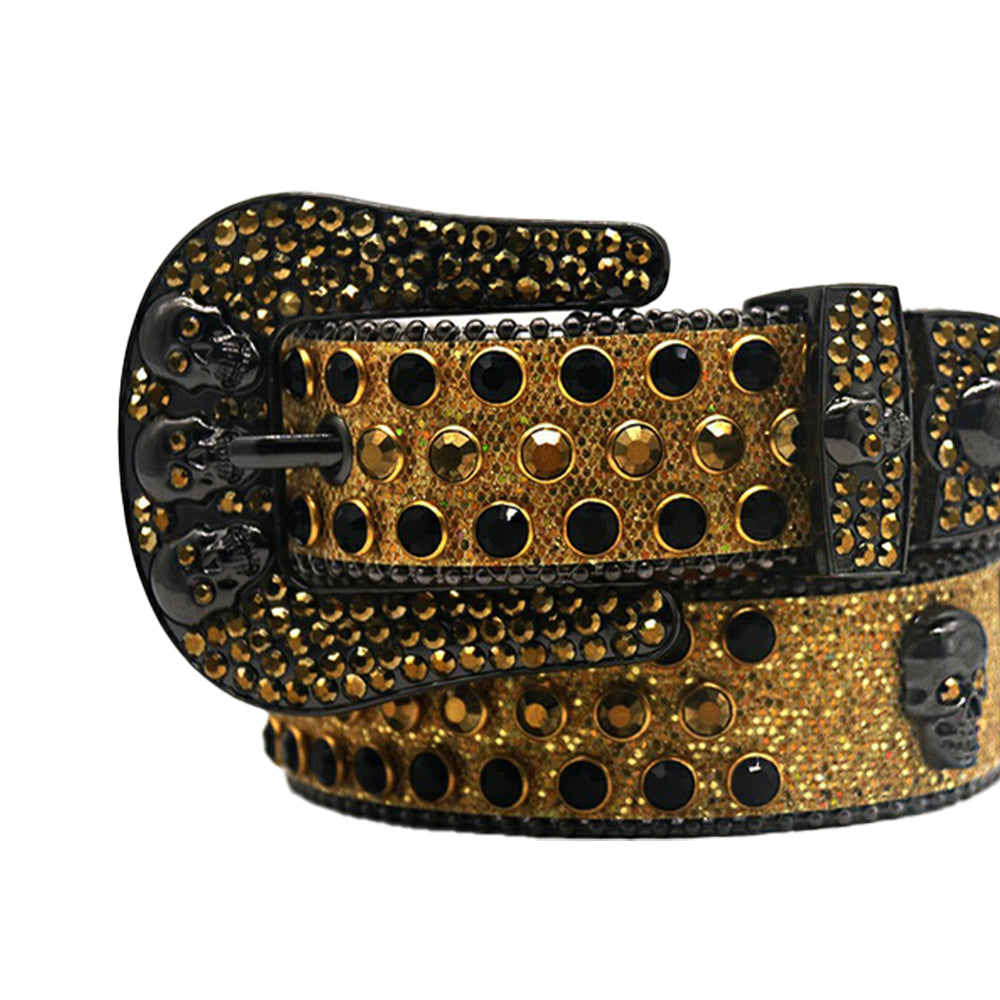 Gold Strap Skull Buckle With Black & Gold Rhinestone Belt