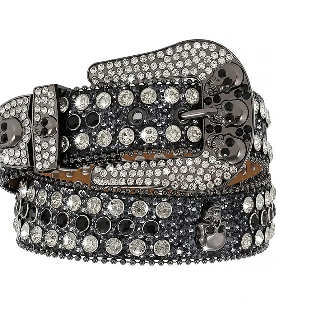 Black Skull Buckle With Black & Crystal Shiny Rhinestone Belt