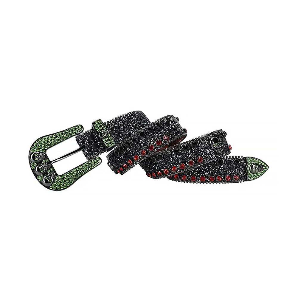 Skull Buckle Black Belt With Black & Red Shiny Stones