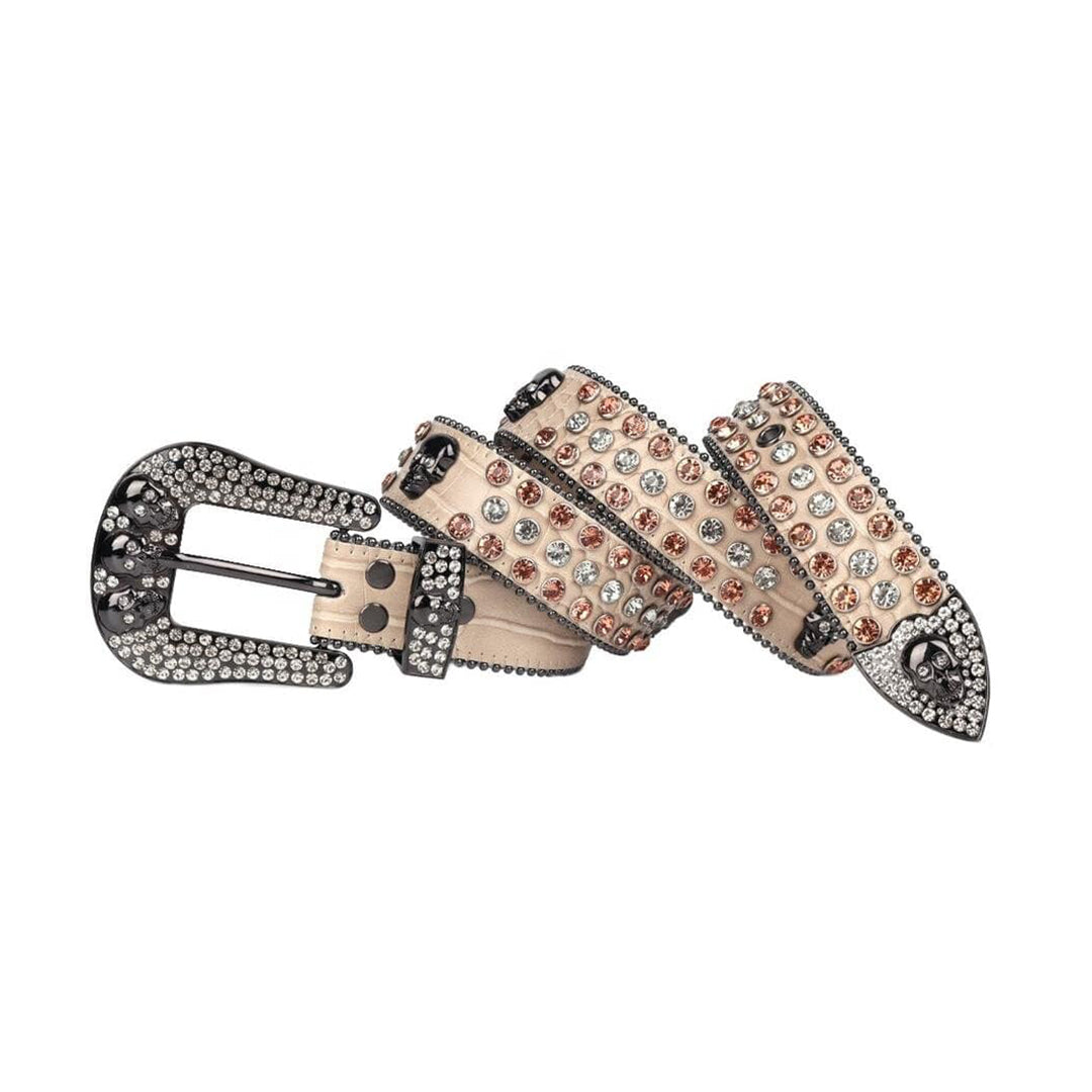 Skull Beige Strap With Shiny Gold & Silver Rhinestone Belt
