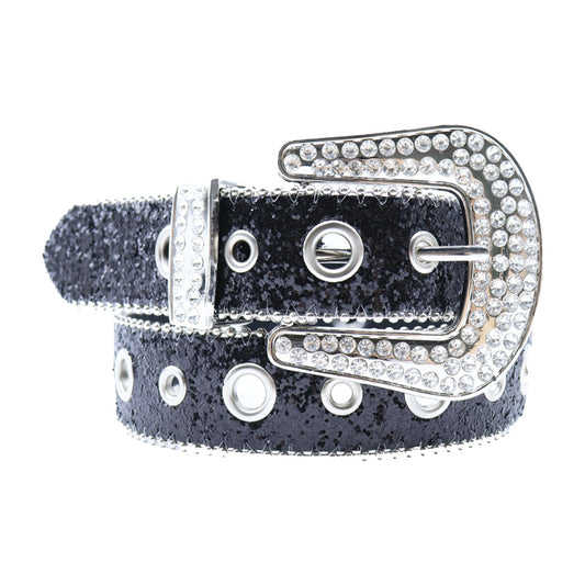 Black Luxury Glitter Rhinestone Belt with Crystal Buckle and Western Shine