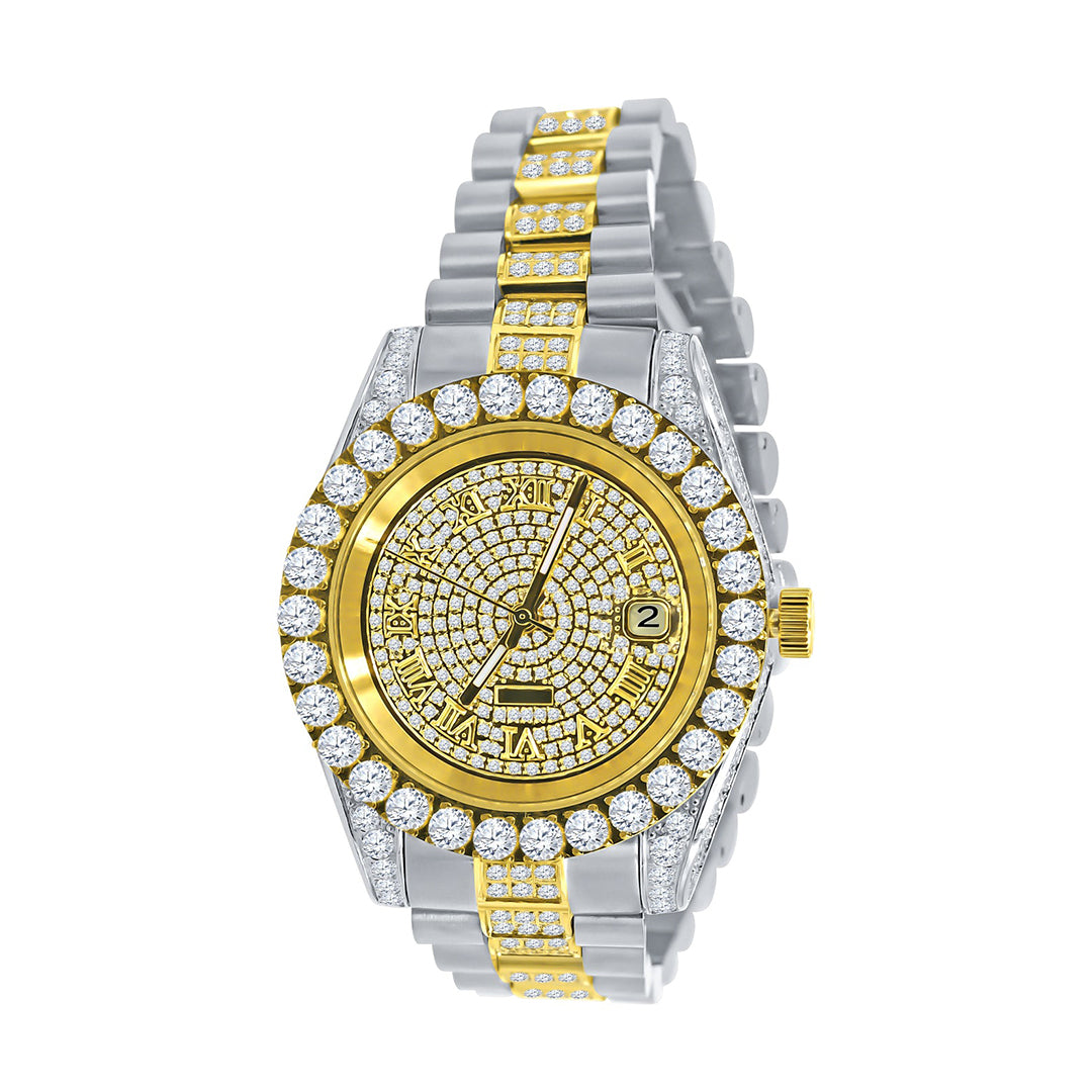 Gold Iced Out Round Cut Rhinestone Watch