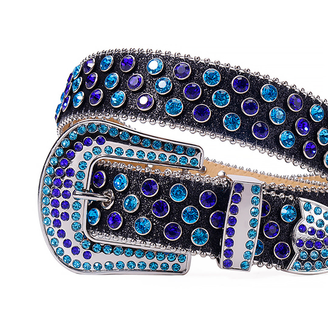 Shiny Black Strap With Blue & Purple Rhinestone Belt