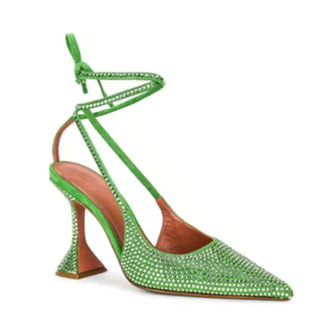 Women's Glitter Slingbacks Crystal Strappy Tie Up Pointed Toe With Triangle Heel Sandals