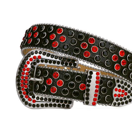 Black Strap With Red & Black Shiny Rhinestone Belt