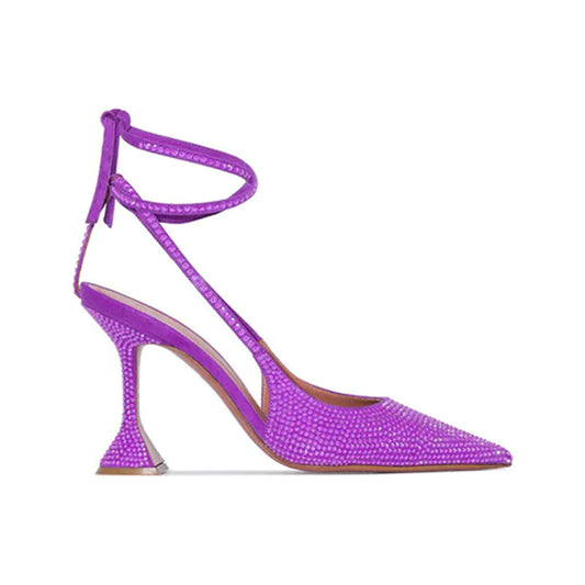 Women's Glitter Slingbacks Crystal Strappy Tie Up Pointed Toe With Triangle Heel Sandals