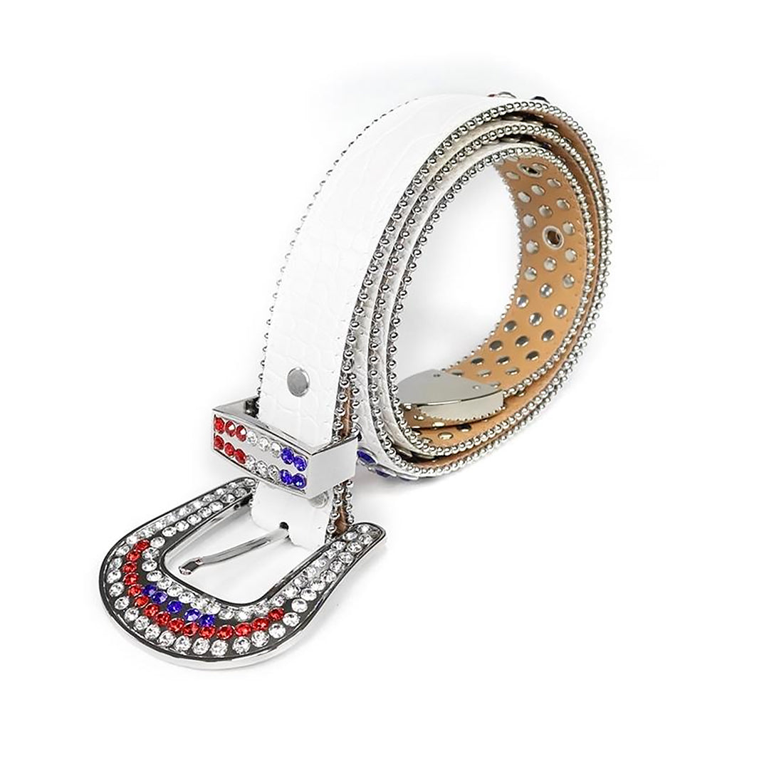 Plain White Strap With Shiny Multi Rhinestone Belt