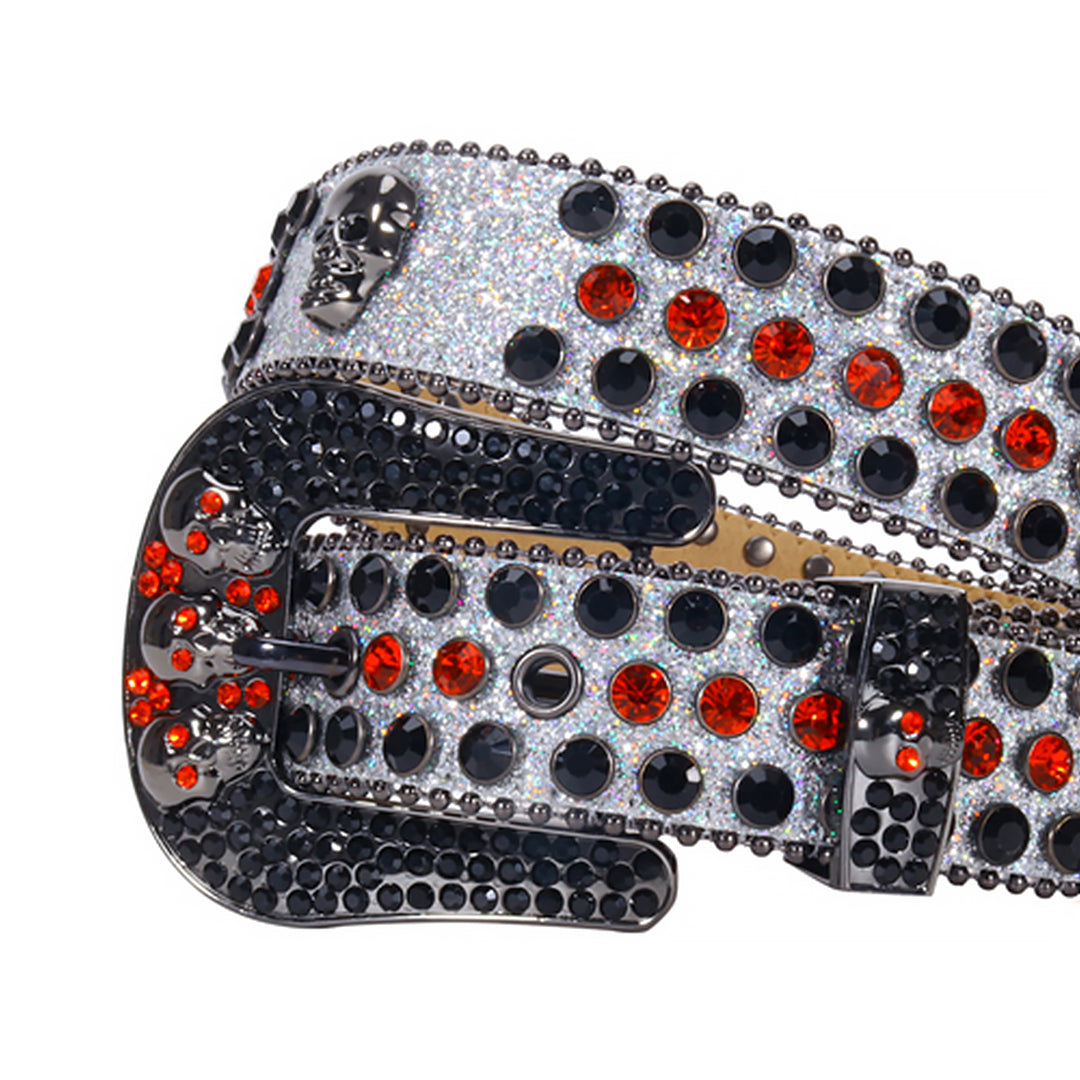 Skull Grey Glittery Strap With Black & Red Rhinestone Belt