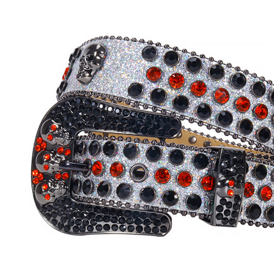 Skull Grey Glittery Strap With Black & Red Rhinestone Belt