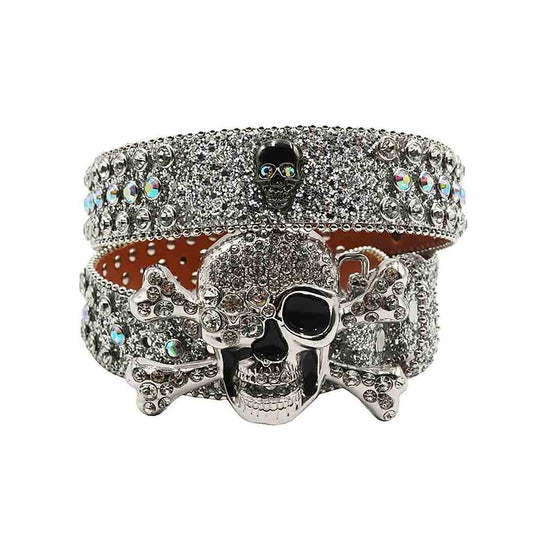 Metal Skull Buckle With Silver & Multi Studded Rhinestone Belt