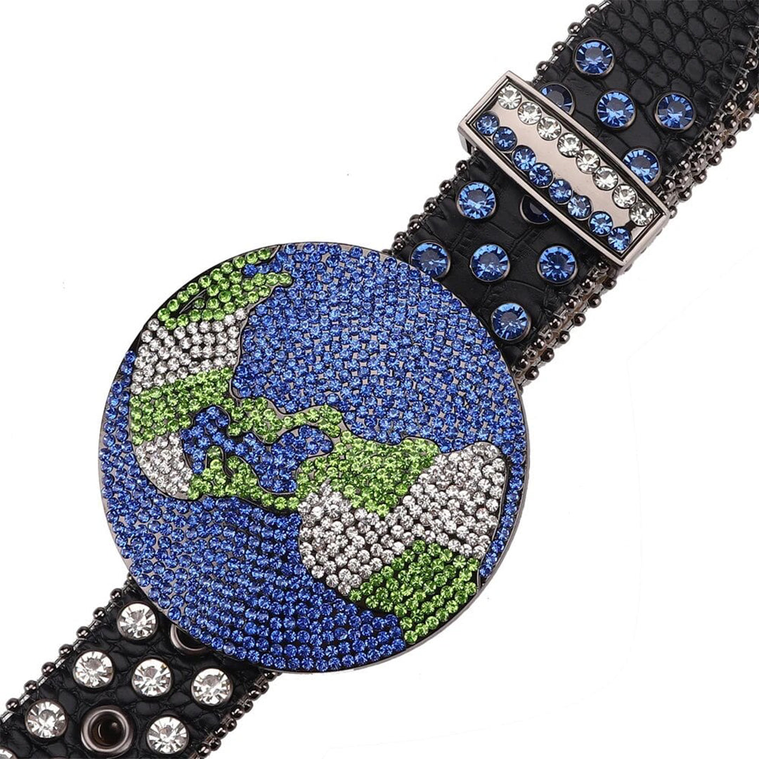 Globe Buckle Black Strap With Silver & Blue Studded Rhinestone Belt