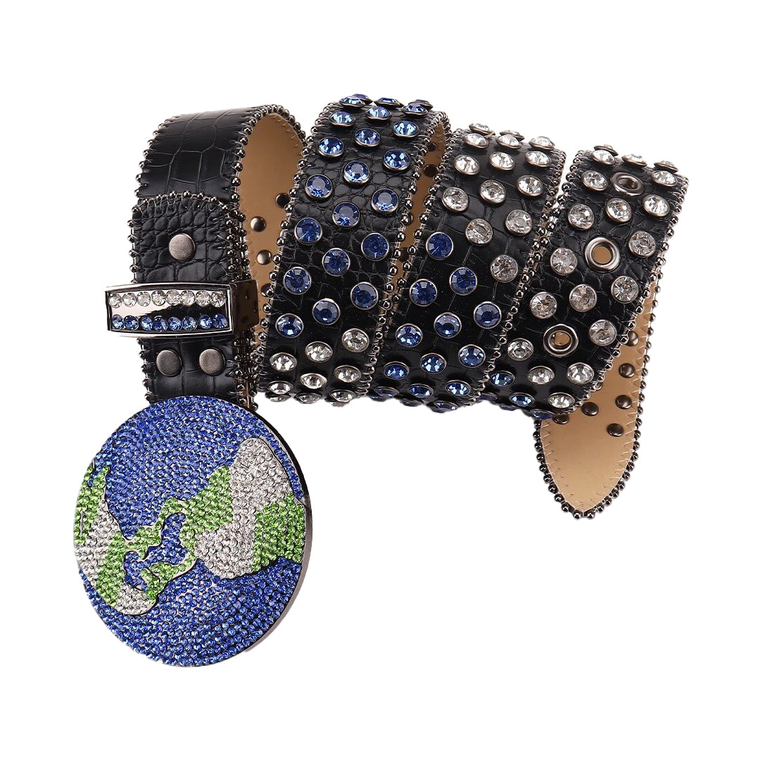 Globe Buckle Black Strap With Silver & Blue Studded Rhinestone Belt