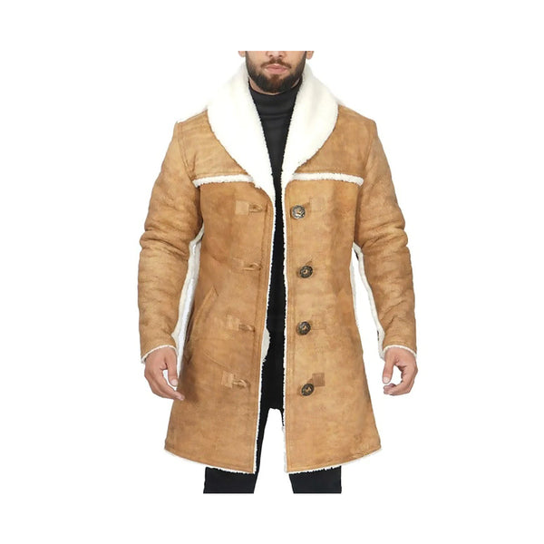 Mens Distressed Light Brown Sherpa Real Leather Coat