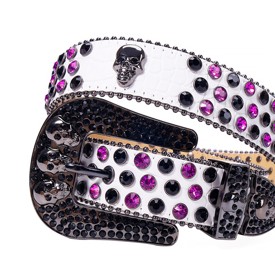 Skull White Strap With Purple & Black Rhinestone Belt