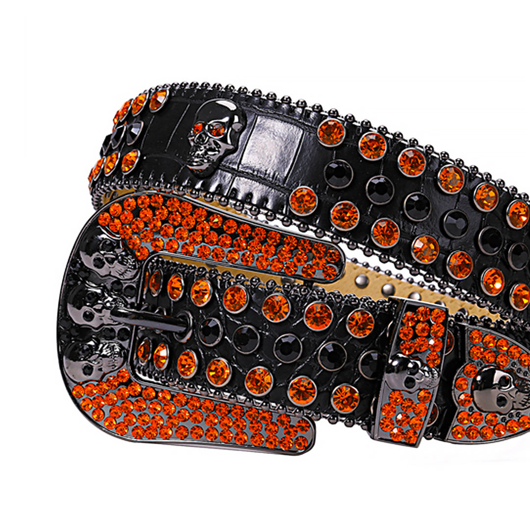 Skull Buckle Black Strap With Black & Orange Rhinestone Belt