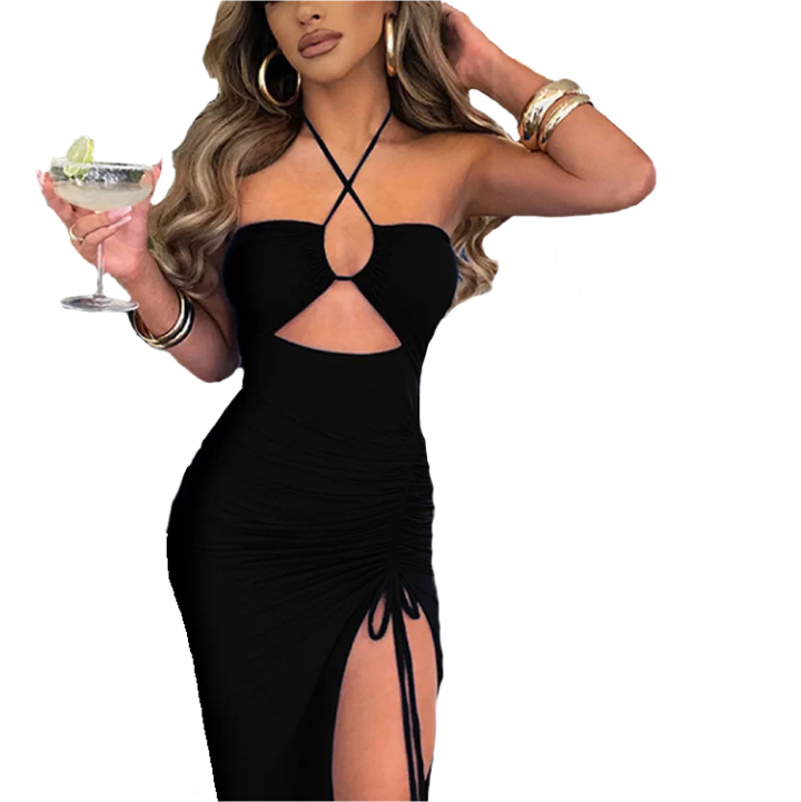 Women Sleeveless Backless High Split Elegant Ruched Dress Vestidos Partywear