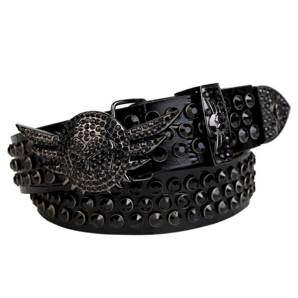 Black Strap With Black Studded Rhinestone Belt and Black Wings Shaped Black Buckle