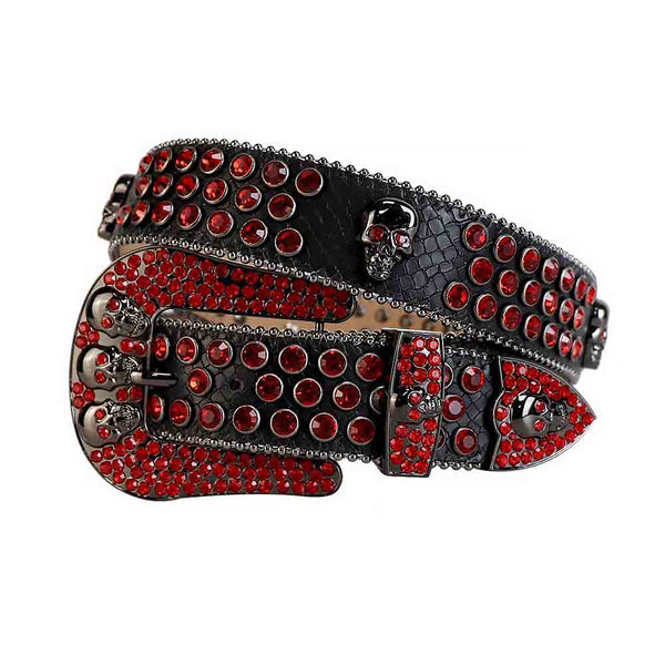 Black Strap With Red Studded Rhinestone Belt with Black Skulls Red Buckle