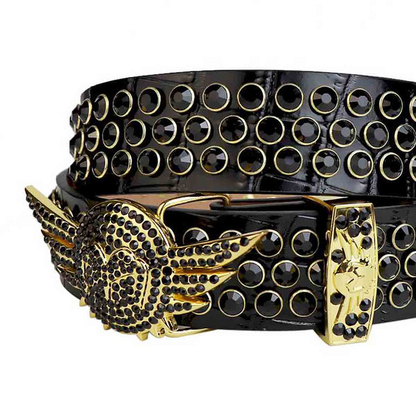 Black Strap With Black Studded Rhinestone Belt with Gold Wings Shaped Black Buckle