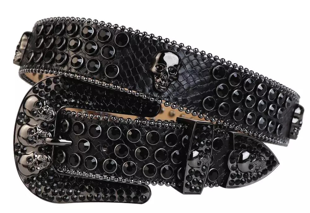 Black Strap With 7 Skulls Black Studded Rhinestone Belt