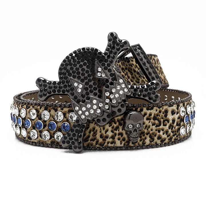 Gengar Buckle Leopard Strap With Black Studded Rhinestone Belt