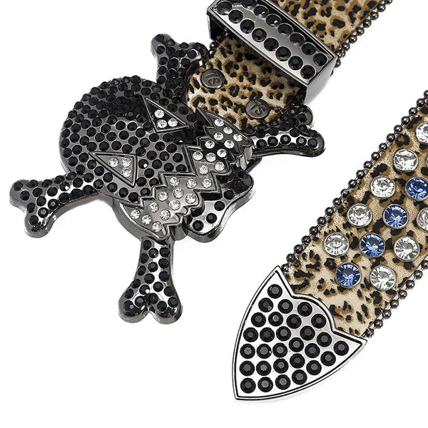 Gengar Buckle Leopard Strap With Black Studded Rhinestone Belt