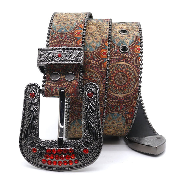 Engraved Zombie Art Buckle Belt Red Studded Strap with Rhinestones