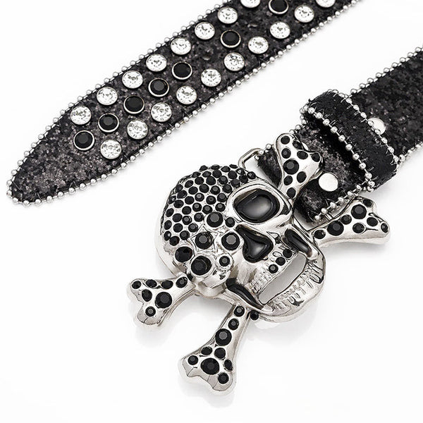 Skull Buckle Black Strap With Black And White Studded Rhinestone Belt