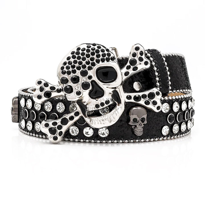 Skull Buckle Black Strap Belt with Black and White Studded Rhinestones ...