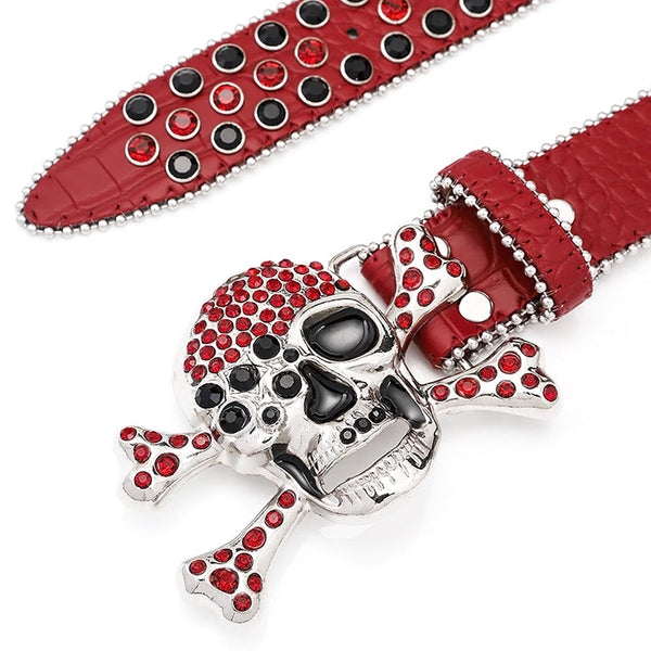 Skull Buckle Red Strap With Black And Red Studded Rhinestone Belt