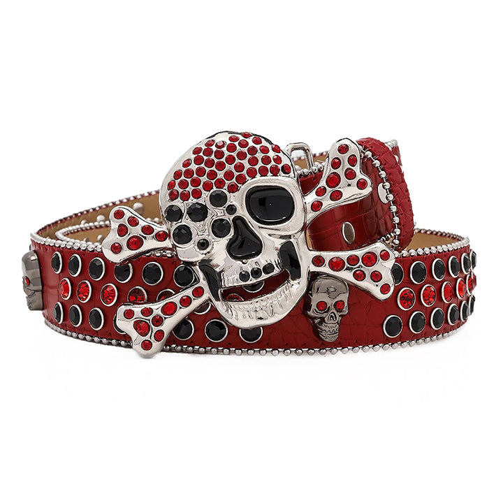 Skull Buckle Red Strap With Black And Red Studded Rhinestone Belt