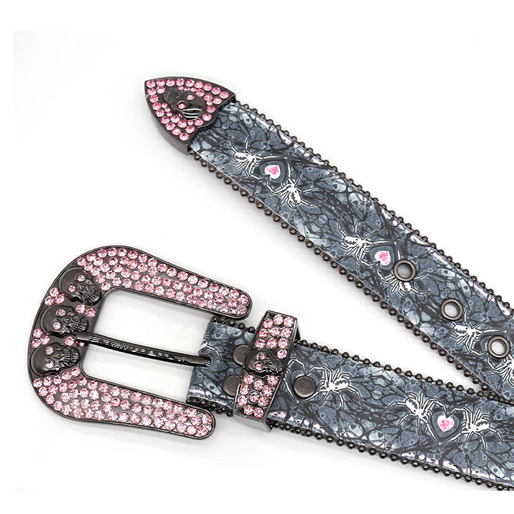 Skull Buckle Spider Strap With Pink Studded Rhinestone Belt