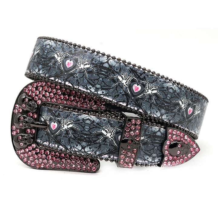 Skull Buckle Spider Strap With Pink Studded Rhinestone Belt