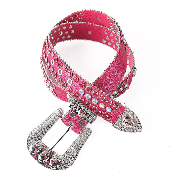 Skull Buckle Pink Shiny Strap With Crystal Studded Rhinestone Belt