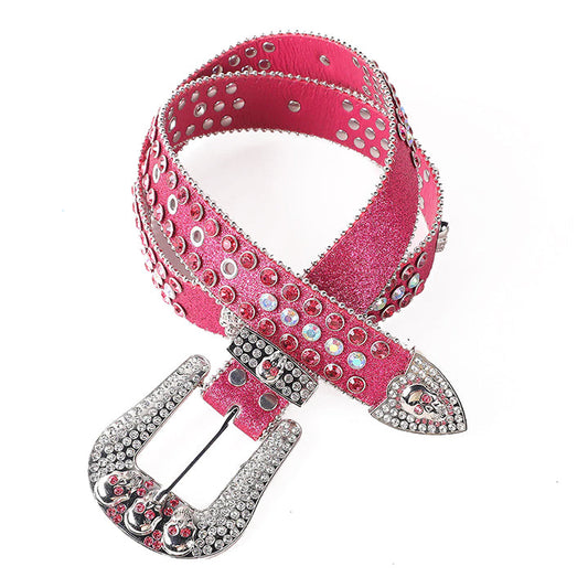 Skull Buckle Pink Shiny Strap With Crystal Studded Rhinestone Belt