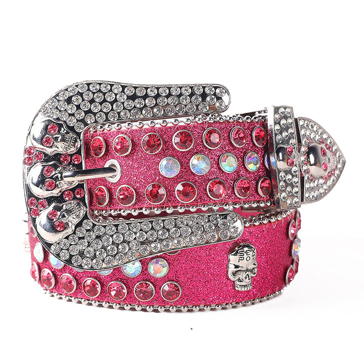 Skull Buckle Pink Shiny Strap With Crystal Studded Rhinestone Belt