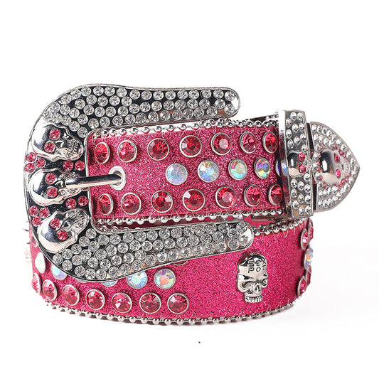 Skull Buckle Pink Shiny Strap With Crystal Studded Rhinestone Belt