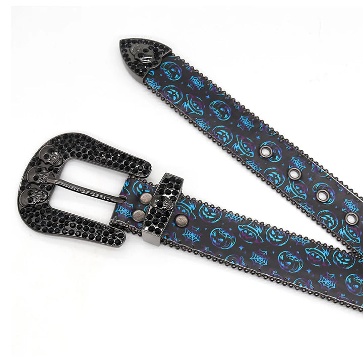 Skull Buckle Halloween Strap Belt with Black Studded Rhinestones