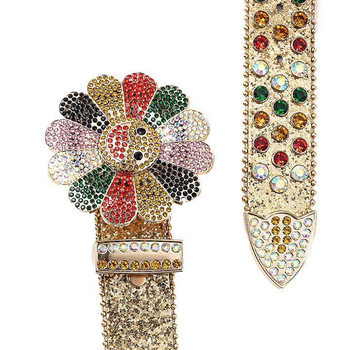 Flower Buckle Gold Strap Belt with Multi-Color Studded Rhinestones