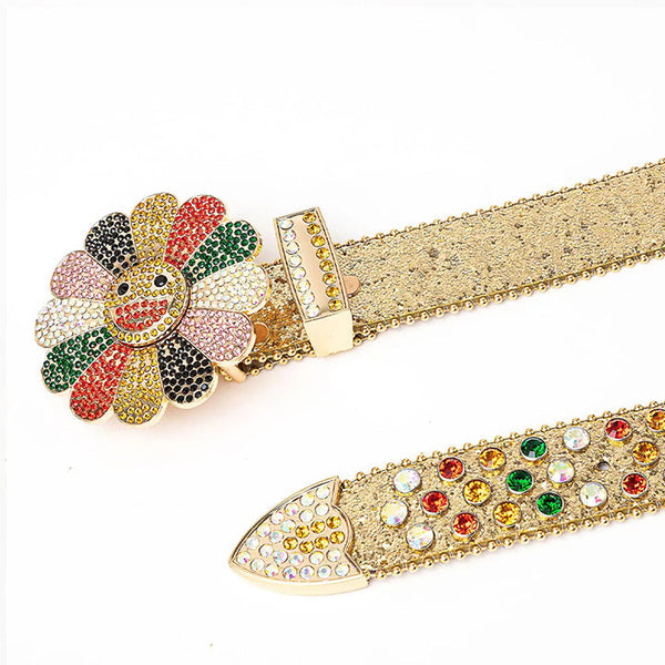 Flower Buckle Gold Strap Belt with Multi-Color Studded Rhinestones