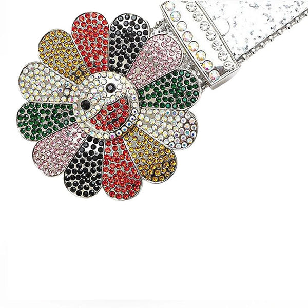 Flower Buckle Silver Strap Belt with Multi-Color Studded Rhinestones