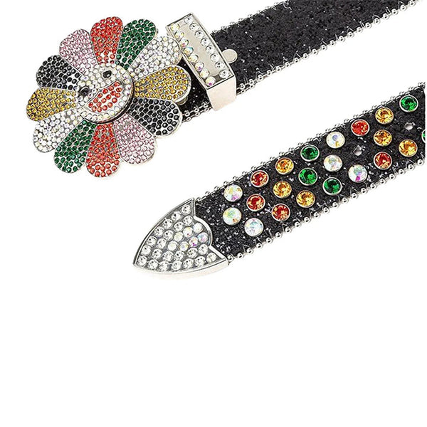 Flower Buckle Black Strap Belt with Multi-Color Studded Rhinestones