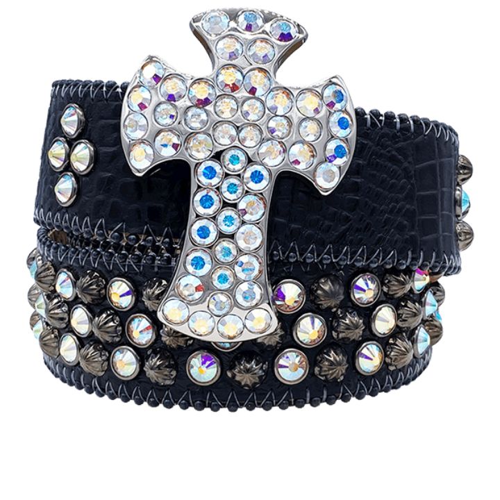 Black Leather Rhinestone Cross Belt