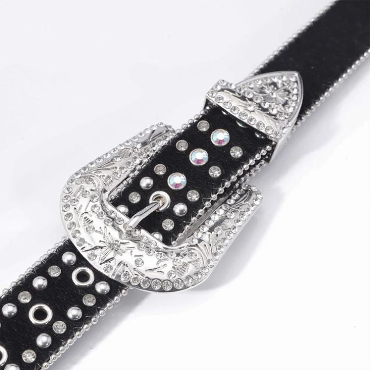 Engraved Buckle Pink Cross Belt Black Strap with White Rhinestones